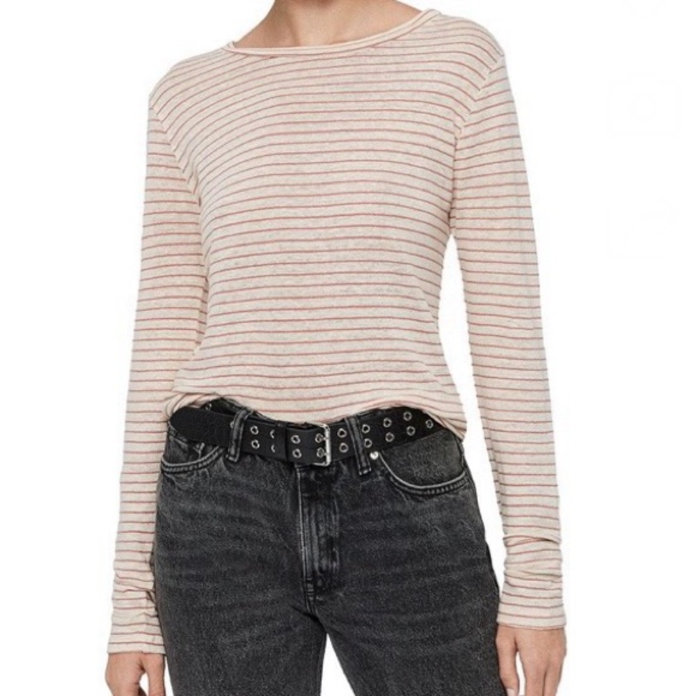 ALLSAINTS Esme Ecru White Striped Long Sleeve Linen Top, XS